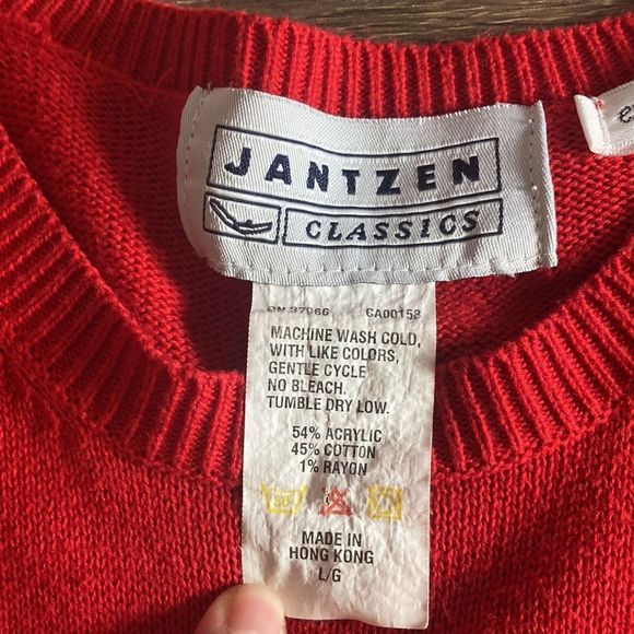 Vintage Womens Jantzen Large Red Knit Sweater W/ Hand Embroidery Flower - Picture 3 of 8